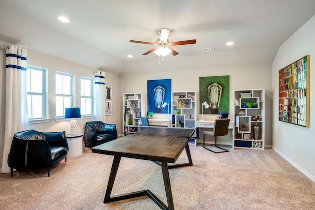 608 Cascada Ln, Round Rock, TX 78681 - office area with light carpet, a ceiling fan, and recessed lighting