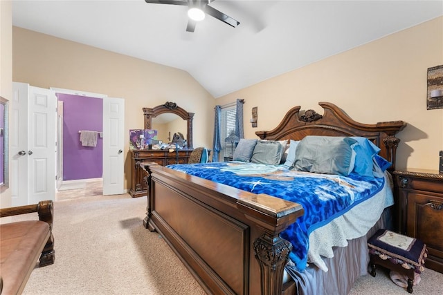 3516 Valley Mist Ct, Temple, TX 76502 - bedroom featuring light colored carpet, vaulted ceiling, and ceiling fan
