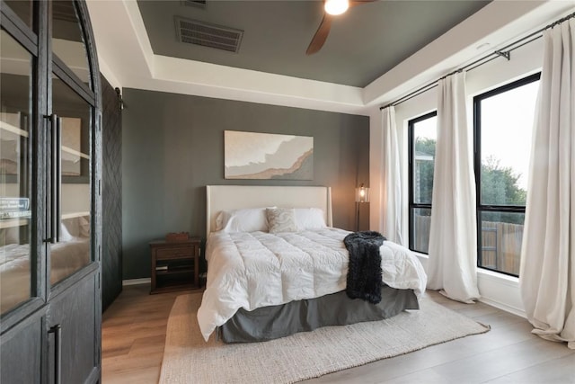 2624 San Bautista Way Unit 44, Leander, TX 78641 - bedroom with light wood-style floors, a tray ceiling, and a ceiling fan