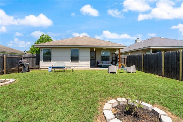 2321 Kale Dr, Austin, TX 78725 - back of house featuring an outdoor living space, a fenced backyard, and a patio area