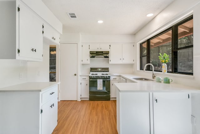 8702 Wildridge Dr, Austin, TX 78759 - kitchen featuring gas stove, under cabinet range hood, light countertops, white cabinets, and light wood-type flooring