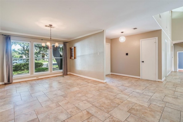 7507 Valburn Dr, Austin, TX 78731 - spare room featuring a chandelier, light stone finish flooring, and ornamental molding