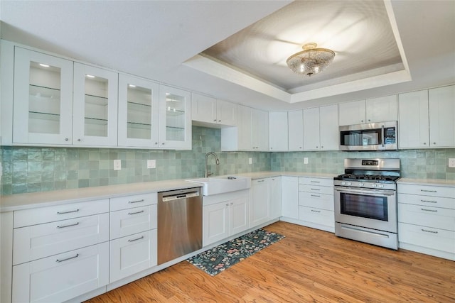 7507 Valburn Dr, Austin, TX 78731 - kitchen featuring appliances with stainless steel finishes, a tray ceiling, and light countertops