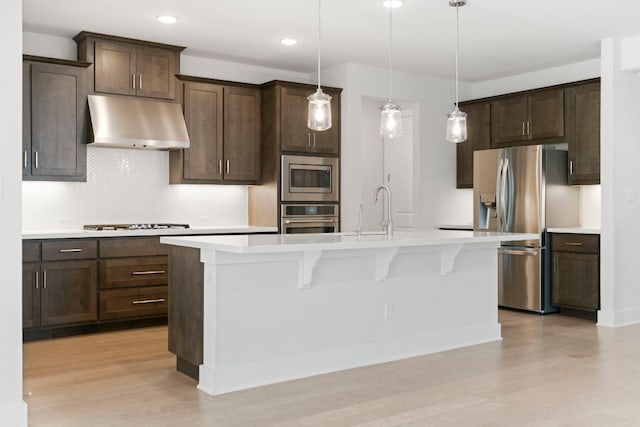 265 Tierra Trl, Dripping Springs, TX 78620 - kitchen with stainless steel appliances, under cabinet range hood, light wood-style floors, backsplash, and dark brown cabinetry