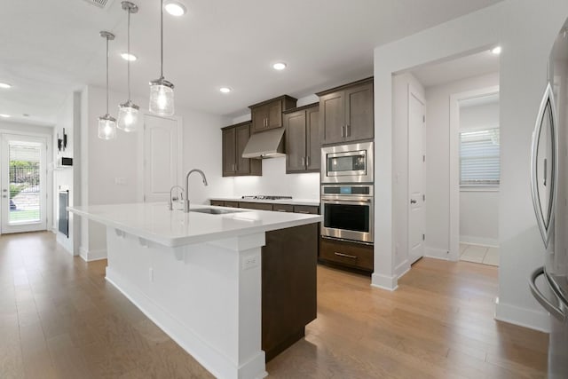 265 Tierra Trl, Dripping Springs, TX 78620 - kitchen featuring appliances with stainless steel finishes, under cabinet range hood, dark brown cabinetry, a kitchen island with sink, and light wood-type flooring