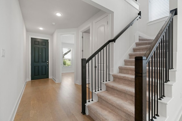 265 Tierra Trl, Dripping Springs, TX 78620 - foyer with stairway, wood finished floors, and recessed lighting