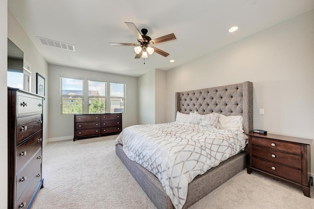 3105 Mccurdy St, Austin, TX 78723 - bedroom featuring light carpet, ceiling fan, and recessed lighting