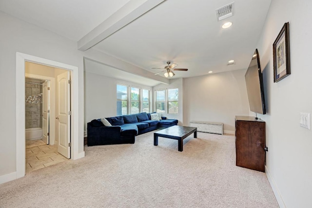 3105 Mccurdy St, Austin, TX 78723 - living area with carpet flooring, ceiling fan, recessed lighting, and beamed ceiling