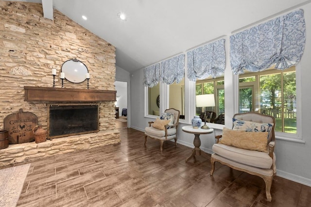 507 S Lake Creek Dr, Round Rock, TX 78681 - living room with high vaulted ceiling, a fireplace, and recessed lighting