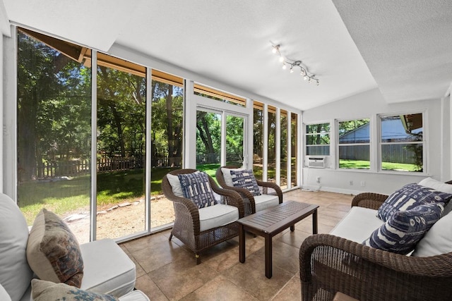 507 S Lake Creek Dr, Round Rock, TX 78681 - sunroom with vaulted ceiling, an outdoor living space, and rail lighting