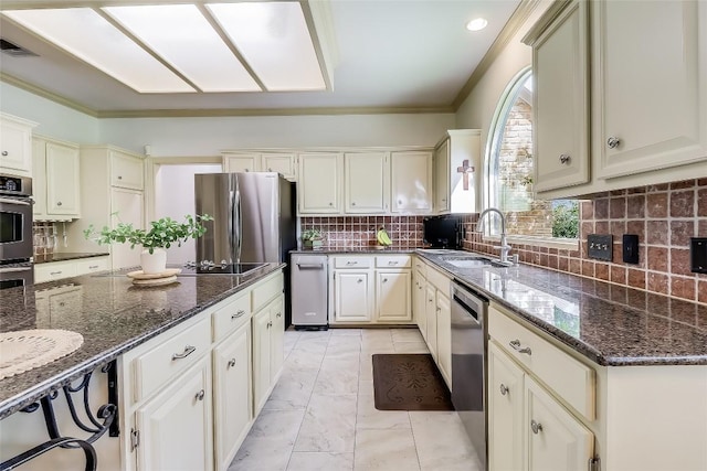 3110 Barton Point Dr, Austin, TX 78733 - kitchen featuring dark stone countertops, stainless steel appliances, crown molding, decorative backsplash, and light marble finish floors