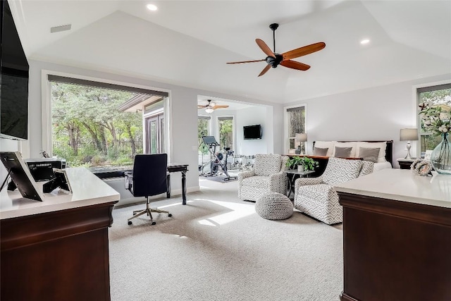 3110 Barton Point Dr, Austin, TX 78733 - bedroom featuring vaulted ceiling, an office area, light carpet, recessed lighting, and ceiling fan