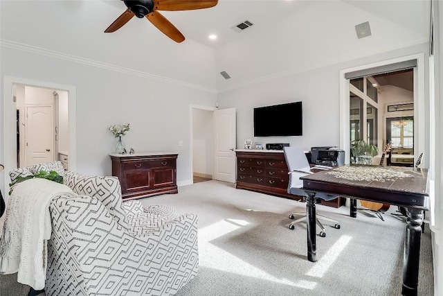 3110 Barton Point Dr, Austin, TX 78733 - home office with a ceiling fan, carpet, lofted ceiling, and ornamental molding