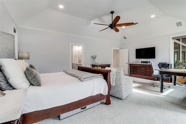 3110 Barton Point Dr, Austin, TX 78733 - bedroom with vaulted ceiling, carpet floors, a desk, a ceiling fan, and ensuite bath