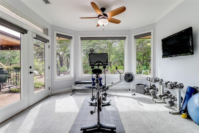 3110 Barton Point Dr, Austin, TX 78733 - workout area with carpet floors, french doors, ceiling fan, and crown molding