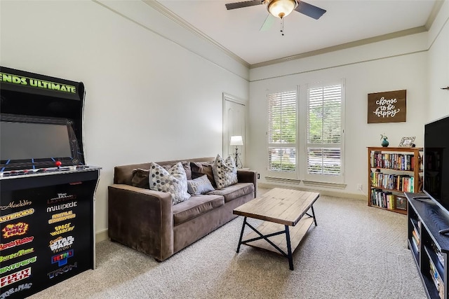 3110 Barton Point Dr, Austin, TX 78733 - carpeted living room featuring a ceiling fan and ornamental molding