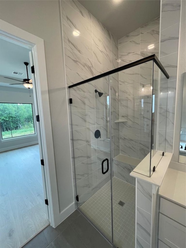 1824 Camay St, Leander, TX 78641 - full bath with ceiling fan, a shower stall, and vanity