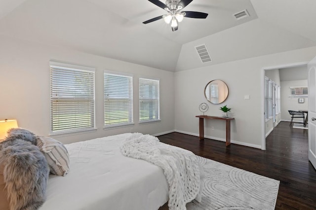 19825 Rhiannon Ln, Pflugerville, TX 78660 - bedroom featuring dark wood finished floors, vaulted ceiling, and a ceiling fan