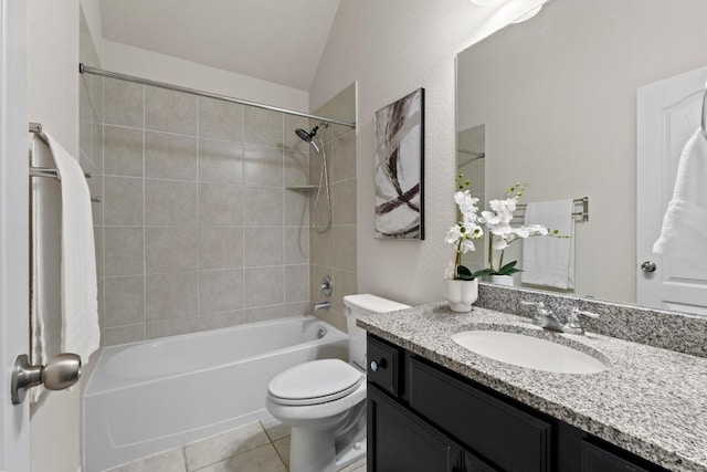 19825 Rhiannon Ln, Pflugerville, TX 78660 - bathroom with vanity, washtub / shower combination, tile patterned flooring, and lofted ceiling