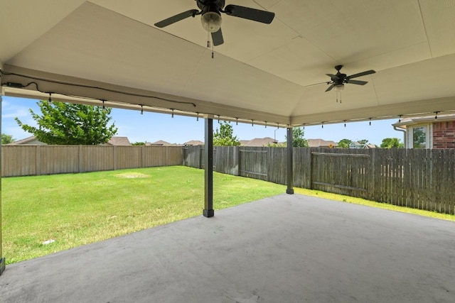 19825 Rhiannon Ln, Pflugerville, TX 78660 - fenced backyard with ceiling fan and a patio area