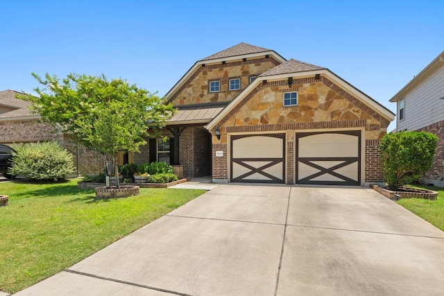 19825 Rhiannon Ln, Pflugerville, TX 78660 - view of front of house featuring a front yard, driveway, an attached garage, brick siding, and a standing seam roof