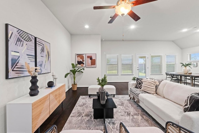 19825 Rhiannon Ln, Pflugerville, TX 78660 - living area featuring wood finished floors, recessed lighting, vaulted ceiling, and ceiling fan