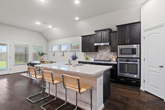 19825 Rhiannon Ln, Pflugerville, TX 78660 - kitchen with appliances with stainless steel finishes, vaulted ceiling, a center island with sink, decorative backsplash, and a breakfast bar area