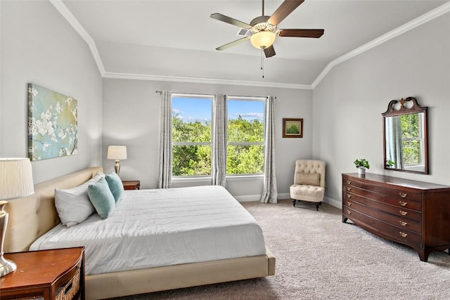 226 Brentwood Dr, Austin, TX 78737 - bedroom with lofted ceiling, ornamental molding, carpet, and ceiling fan