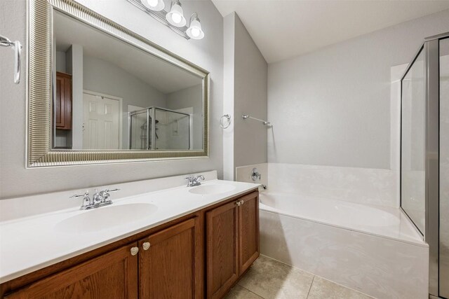 1704 Big Bend Dr, Cedar Park, TX 78613 - full bath with a bath, a shower stall, double vanity, and tile patterned floors