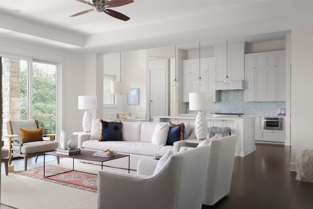 4001 Firstview Dr, Austin, TX 78731 - living area with a ceiling fan and dark wood-style floors
