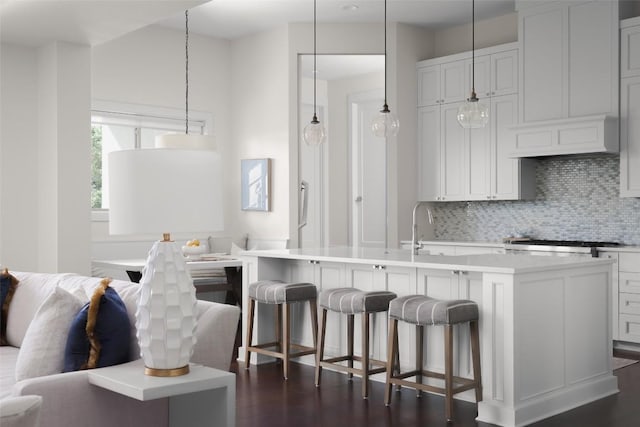 4001 Firstview Dr, Austin, TX 78731 - kitchen with open floor plan, decorative backsplash, light countertops, and a breakfast bar