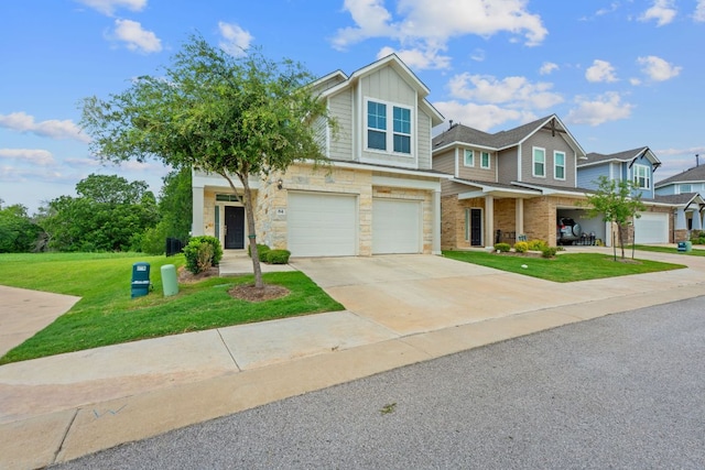2800 Joe Dimaggio Blvd Unit 84, Round Rock, TX 78665 - view of front of house featuring concrete driveway, board and batten siding, a front yard, a garage, and stone siding