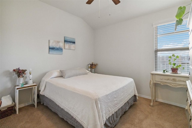 132 Sage Meadows Dr, San Marcos, TX 78666 - bedroom featuring light carpet, lofted ceiling, and a ceiling fan