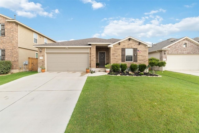 132 Sage Meadows Dr, San Marcos, TX 78666 - view of front of property featuring an attached garage, concrete driveway, brick siding, and a front yard