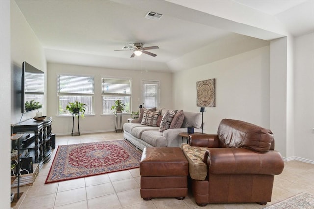 132 Sage Meadows Dr, San Marcos, TX 78666 - living room with light tile patterned floors and ceiling fan