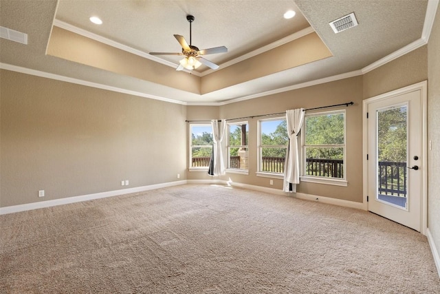 306 Anns Way, Blanco, TX 78606 - carpeted spare room with a raised ceiling, a ceiling fan, crown molding, and recessed lighting