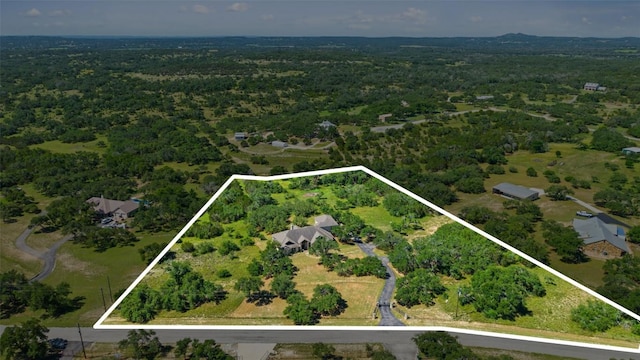306 Anns Way, Blanco, TX 78606 - aerial view of property and surrounding area with property parcel outlined and a forest