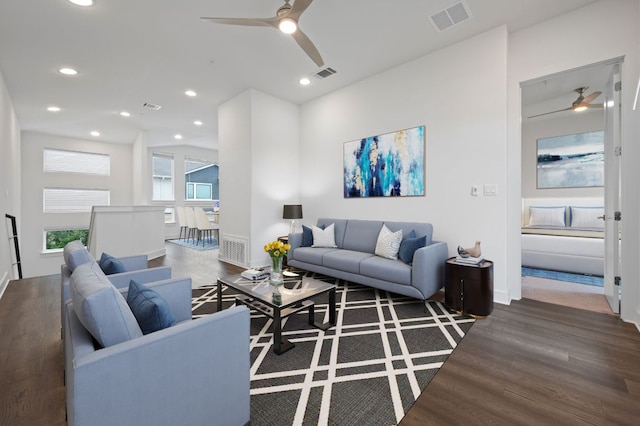 2050 Lohmans Spur Rd Unit 802, Lakeway, TX 78734 - living area with a ceiling fan, wood finished floors, and recessed lighting