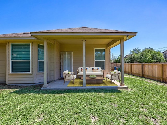 11600 Yeadon Way, Austin, TX 78717 - rear view of house with an outdoor living space, a fenced backyard, and a patio area