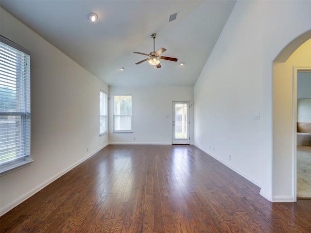 11600 Yeadon Way, Austin, TX 78717 - empty room featuring ceiling fan, arched walkways, dark wood-style floors, and high vaulted ceiling