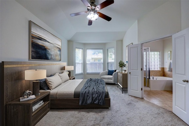 11600 Yeadon Way, Austin, TX 78717 - bedroom featuring light carpet, a ceiling fan, light tile patterned floors, and vaulted ceiling