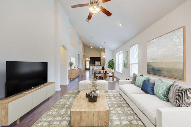 11600 Yeadon Way, Austin, TX 78717 - living room with arched walkways, a ceiling fan, high vaulted ceiling, wood finished floors, and recessed lighting