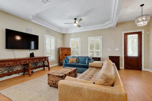260 N Santa Clara Ave, New Braunfels, TX 78130 - living room featuring light wood finished floors, a tray ceiling, ceiling fan, and healthy amount of natural light