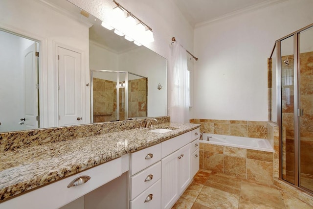 260 N Santa Clara Ave, New Braunfels, TX 78130 - full bathroom featuring a stall shower, vanity, a bath, and crown molding