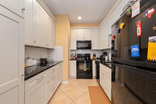 3200 Duval St Unit 309, Austin, TX 78705 - kitchen with black appliances, light tile patterned floors, tasteful backsplash, dark countertops, and recessed lighting