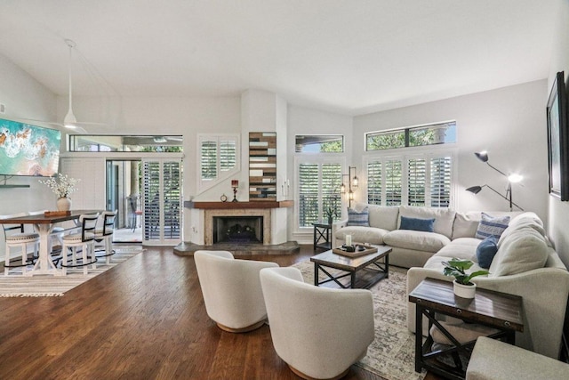 300 San Gabriel Village Blvd Unit 423, Georgetown, TX 78626 - living room featuring vaulted ceiling, wood finished floors, and a fireplace with raised hearth