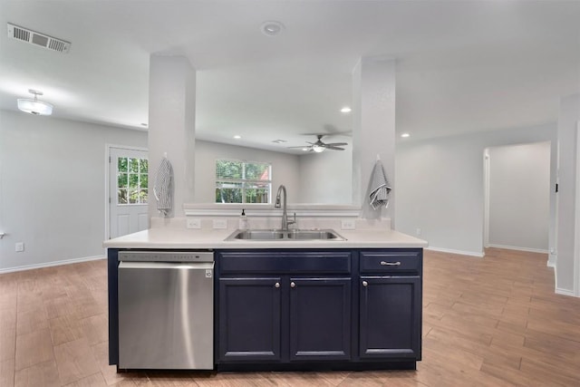 620 Lavaca Loop, Elgin, TX 78621 - kitchen featuring dishwasher, a ceiling fan, light countertops, light wood finished floors, and recessed lighting