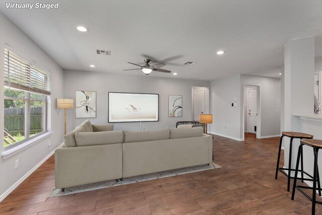 620 Lavaca Loop, Elgin, TX 78621 - living room with recessed lighting, ceiling fan, and dark wood-type flooring
