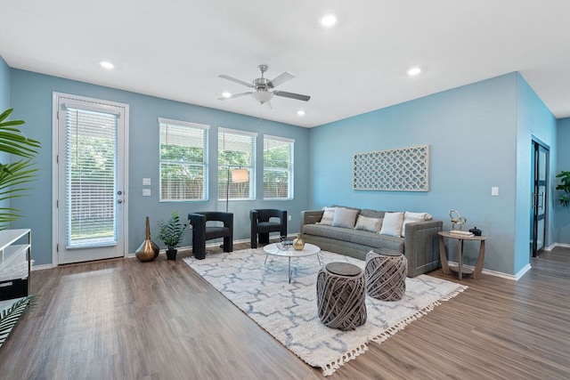 1207 Diggy Dr, Austin, TX 78748 - living room with ceiling fan, wood finished floors, and recessed lighting