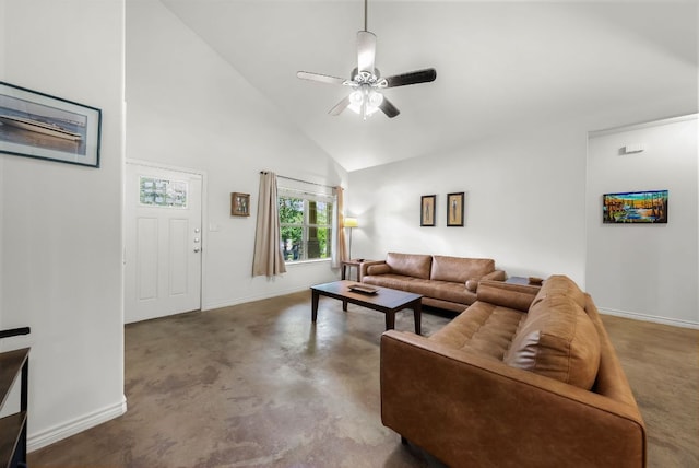 14601 Running Deer Trl, Austin, TX 78734 - living area featuring high vaulted ceiling, finished concrete floors, and ceiling fan